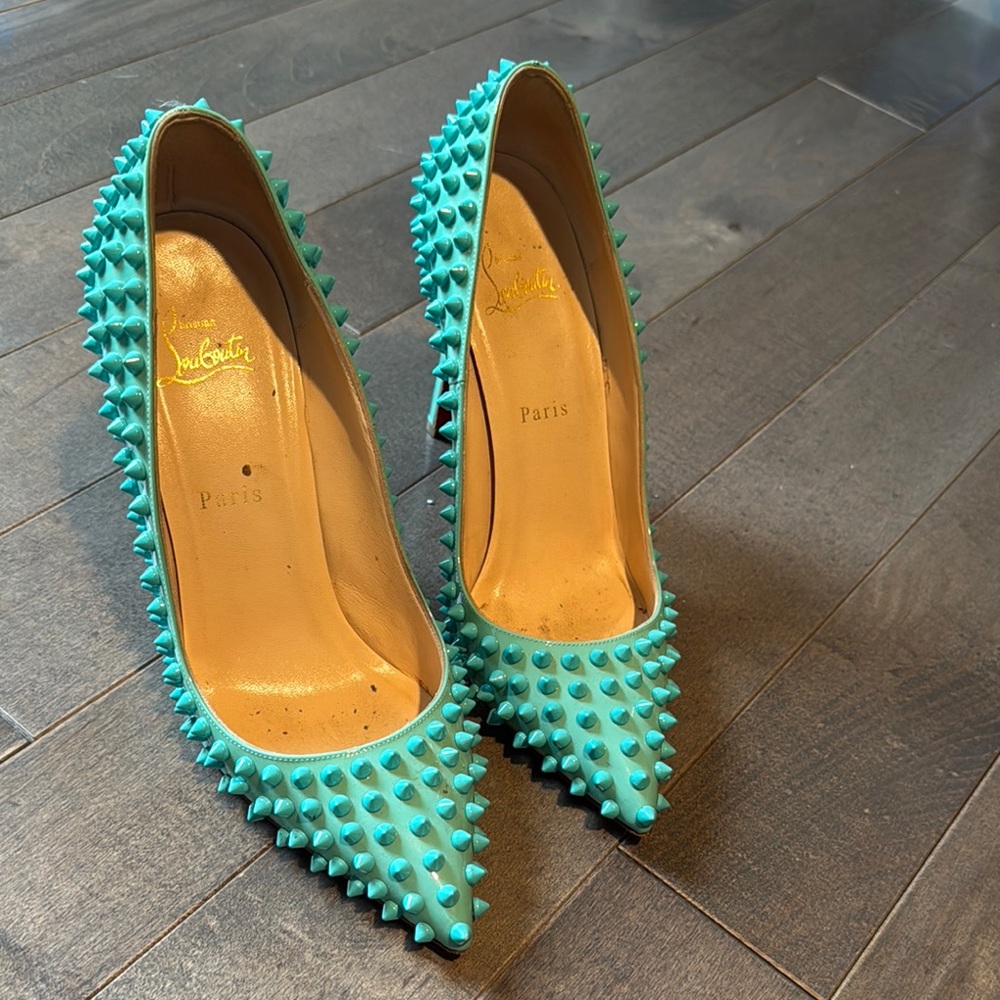 Christian Louboutin Women's Spiked Turquoise Heels - Picture 5 of 9